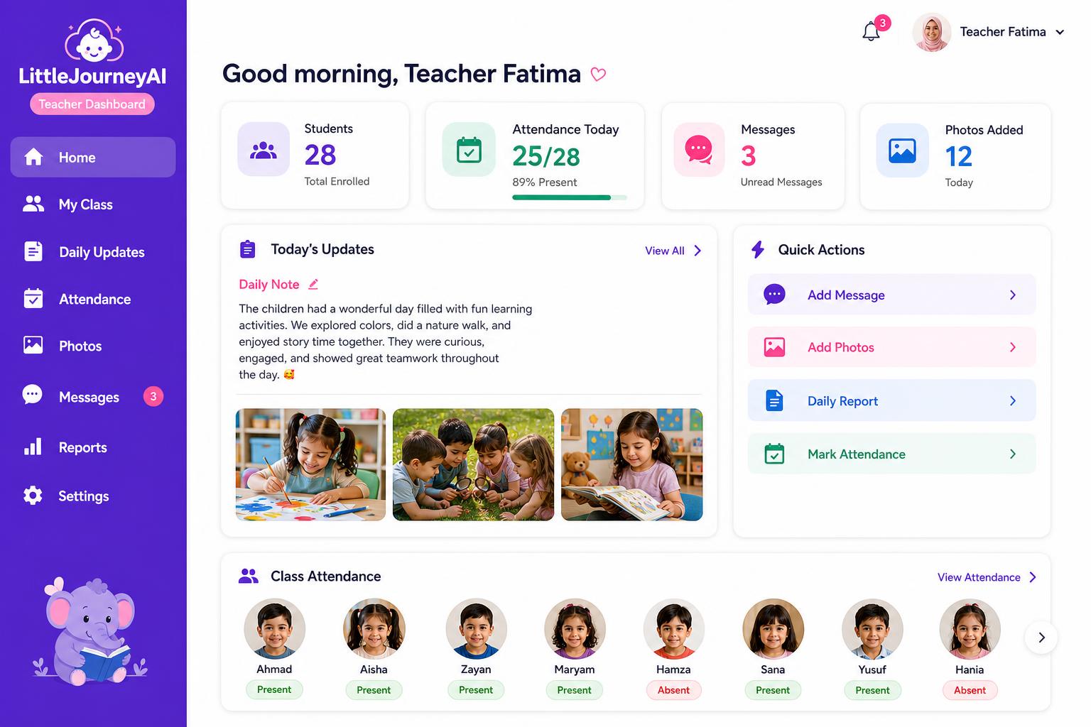 Espace enseignant avec mises à jour quotidiennes simples et présences
