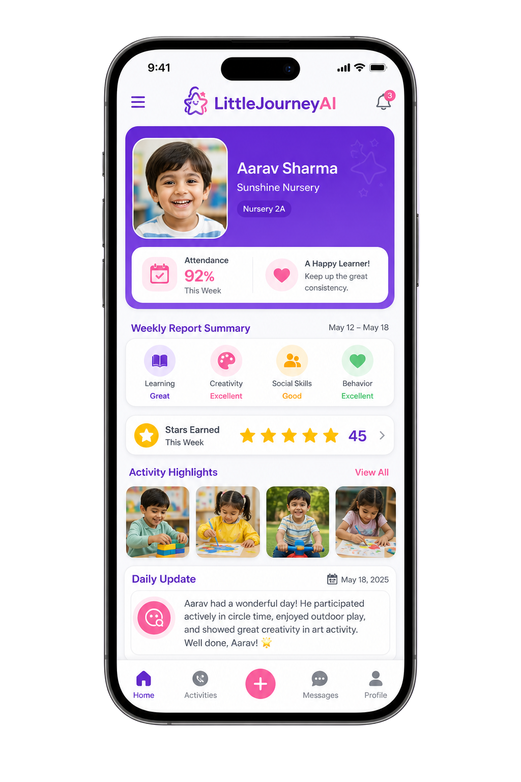 Application mobile parent LittleJourneyAI affichant le profil de l'enfant, les présences, le rapport hebdomadaire, les étoiles et les photos